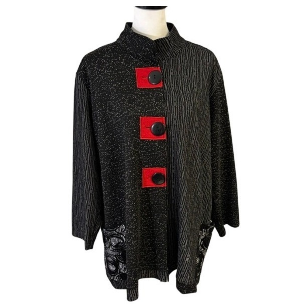 NWT Ali Miles Jacket Black Red Mixed Pattern Button Front Women 2X